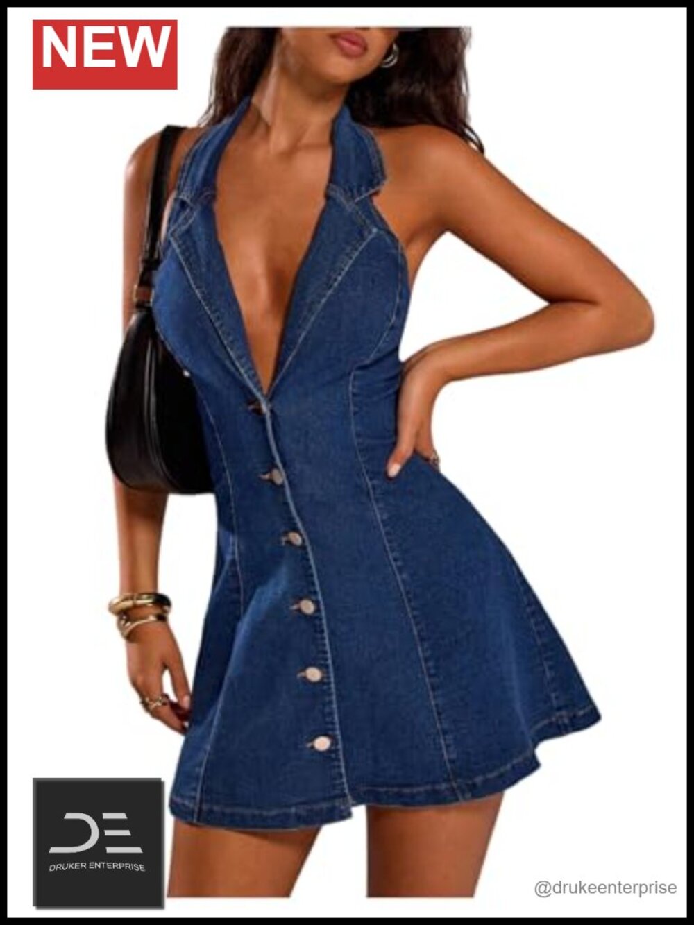 Denim Halter Mini Dress Sleeveless Deep V Neck Button Down A Line